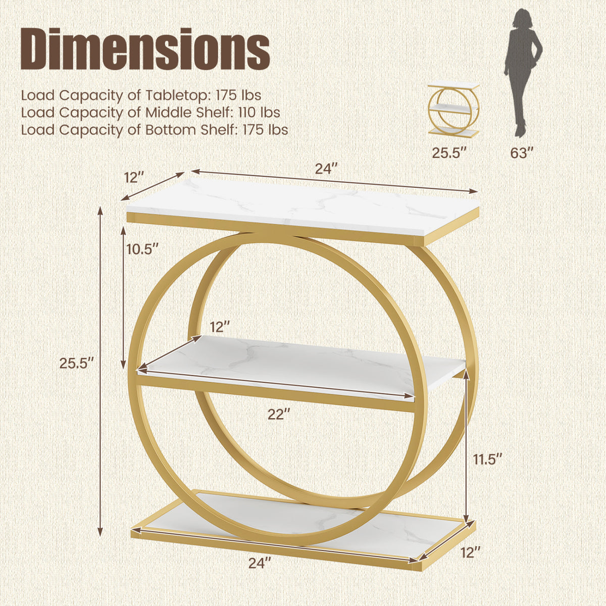 A single side table is shown with measurement arrows and a human silhouette for scale.