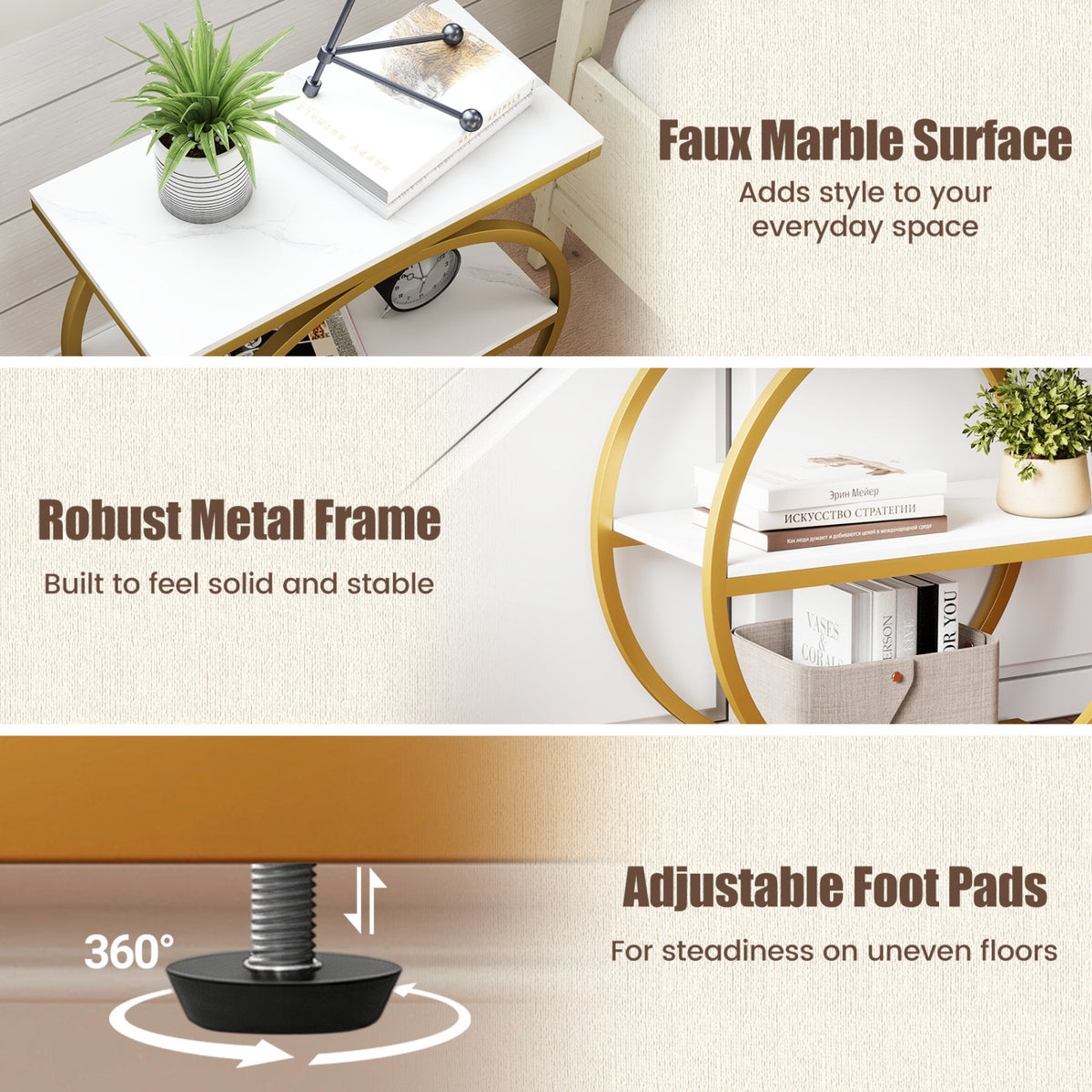 Collage showing a white marble-look tabletop, gold metal frame, and an adjustable leveling foot beneath the table.