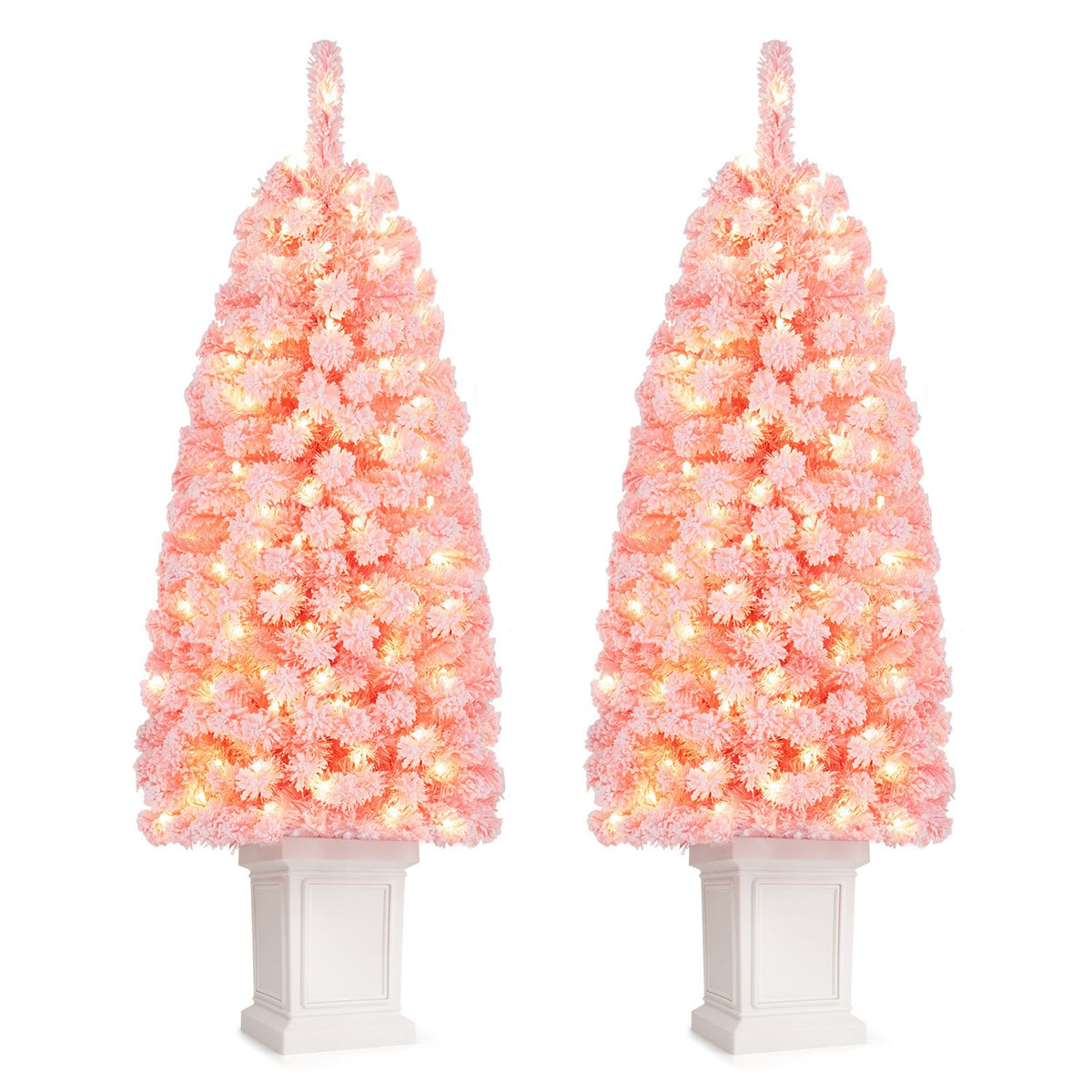 Set of 2 Pre-lit Potted Artificial Christmas Tree with Warm White LED Lights