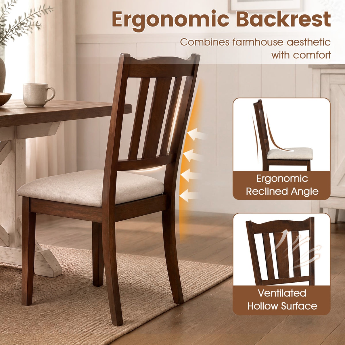 Set of 2 Wooden Dining Chair with Hollow Back and Soft-padded Cushion
