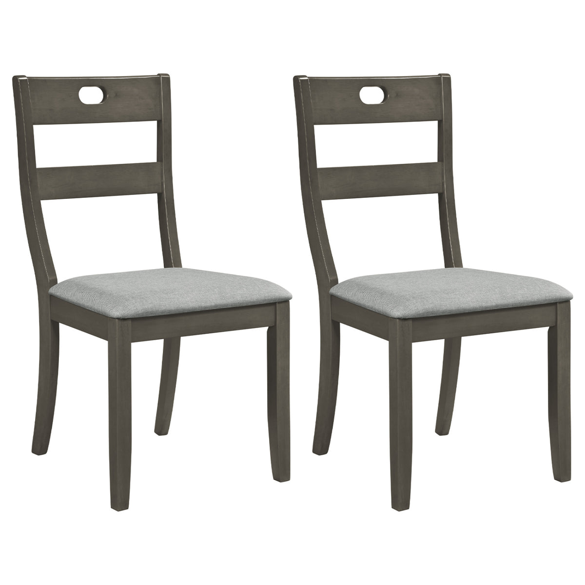 A pair of dark wooden dining chairs with gray upholstered seats shown against a white background.