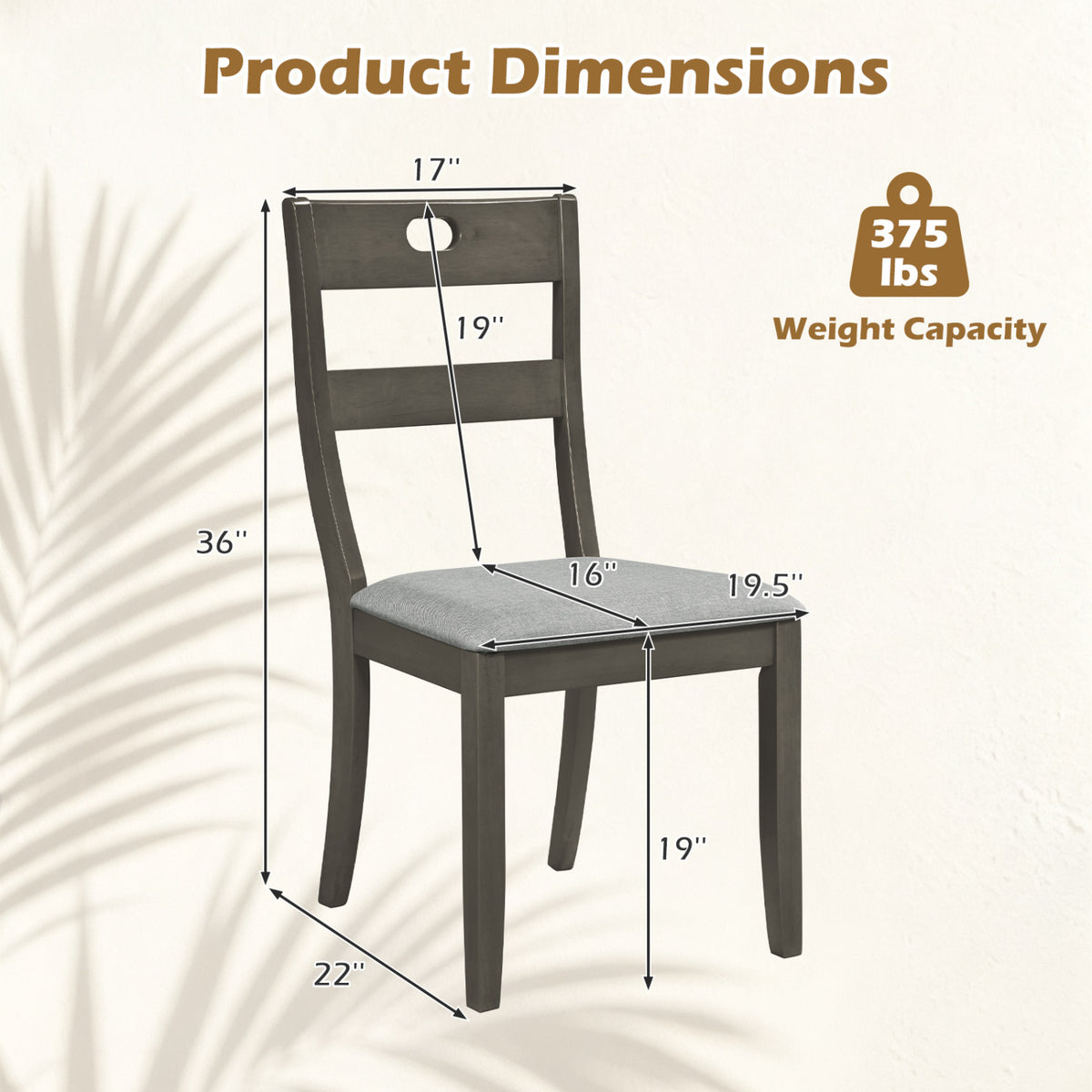 Single chair shown with measurement arrows and labels on a pale background.