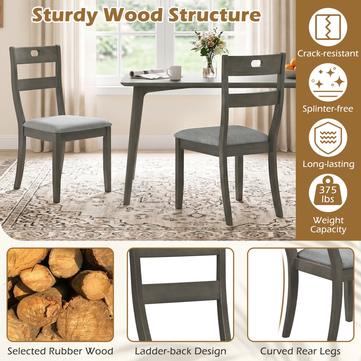 Dining chairs shown in a room, with close-ups of wood, the ladder back, and curved rear legs.