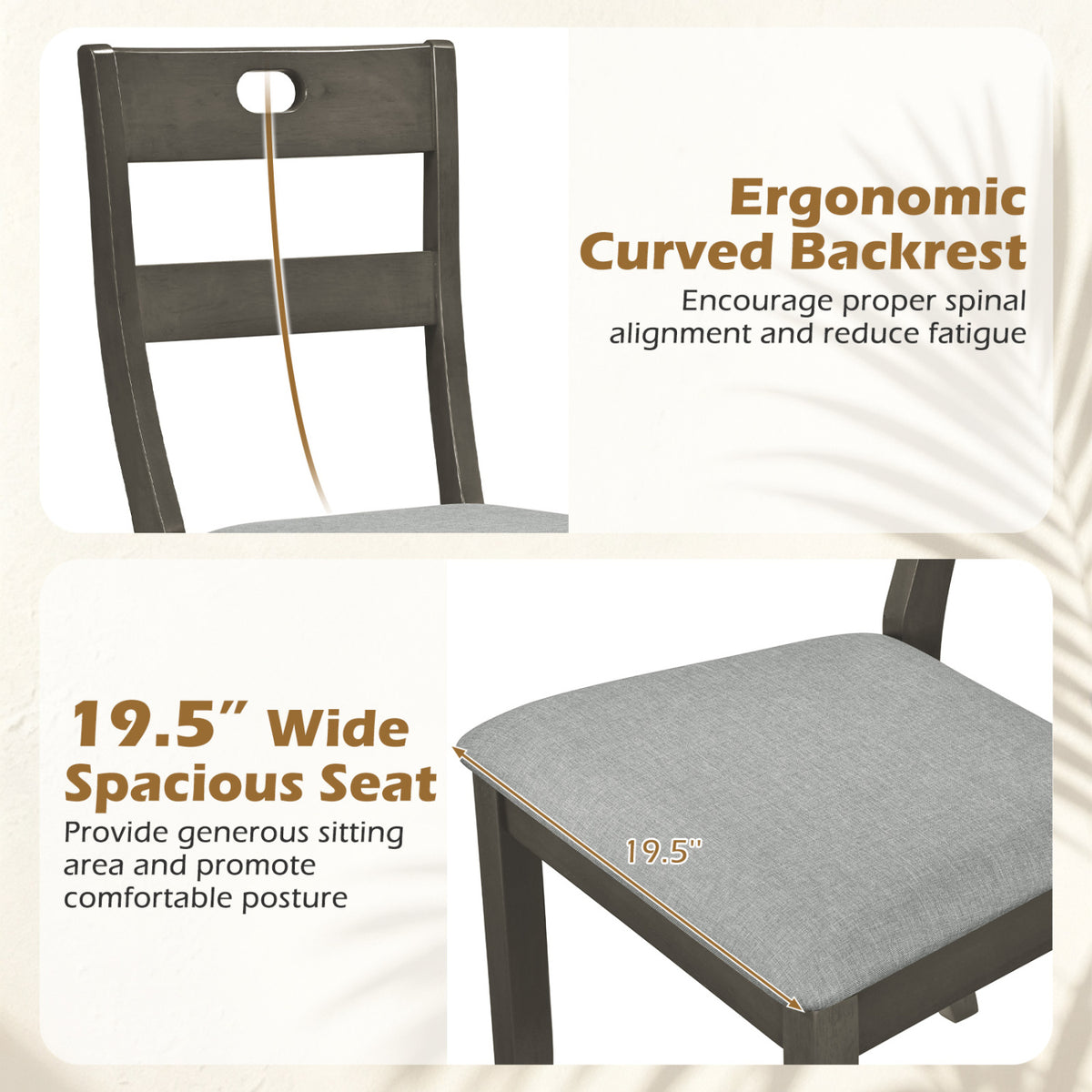 Close-ups show a dark wooden chair backrest and a gray upholstered seat with a measurement arrow.