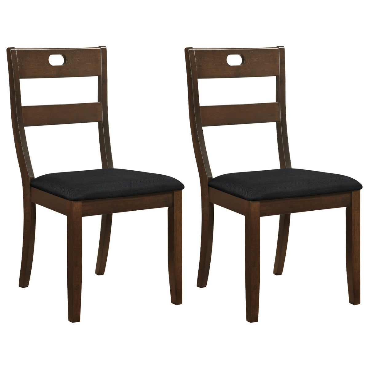 Two matching dark wood dining chairs with black padded seats shown against a white background.