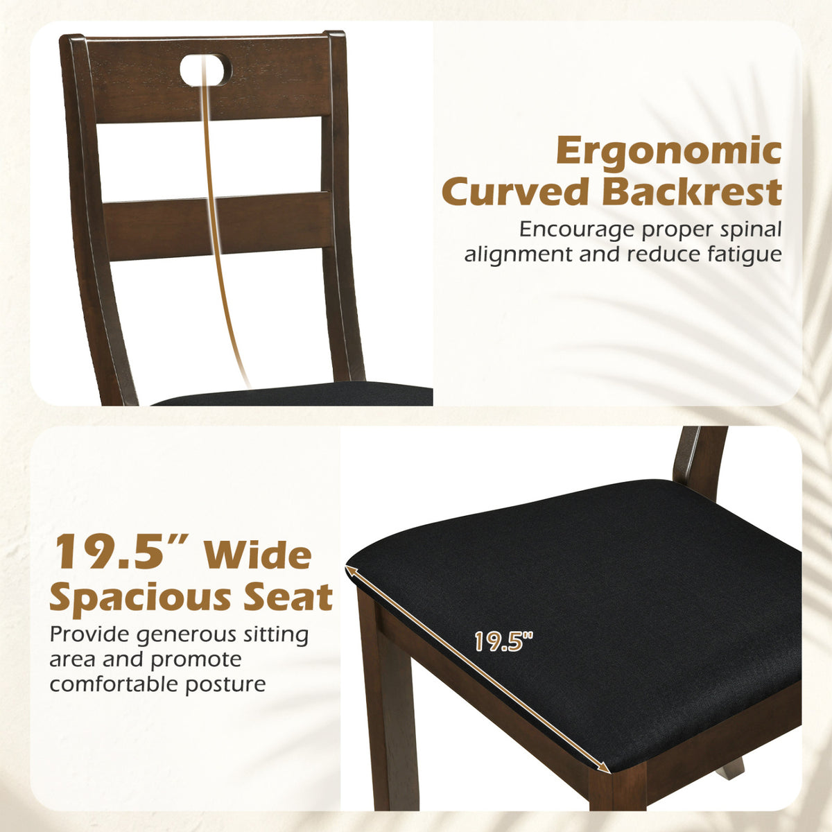 Close views of a wooden chair’s ladder back and black padded seat, with a measurement line across the seat.