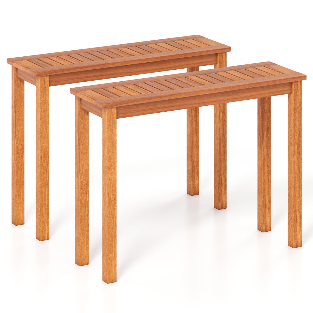 Two empty wooden plant stands with slatted tops shown against a white background.