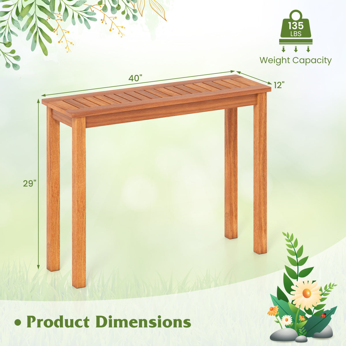 A single wooden plant stand shown with measurement arrows and a weight-capacity graphic.