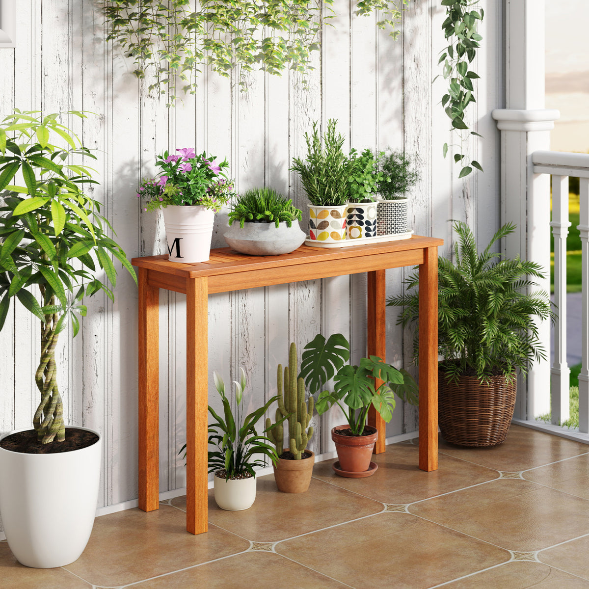 Wooden plant stand on a tiled porch, displaying potted plants above and below.