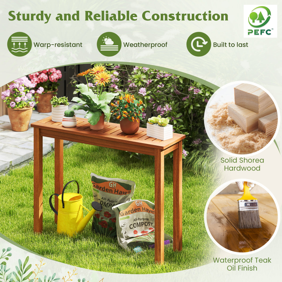 Wooden plant stand in a garden with potted flowers, plus close-ups of wood and an oiled surface.