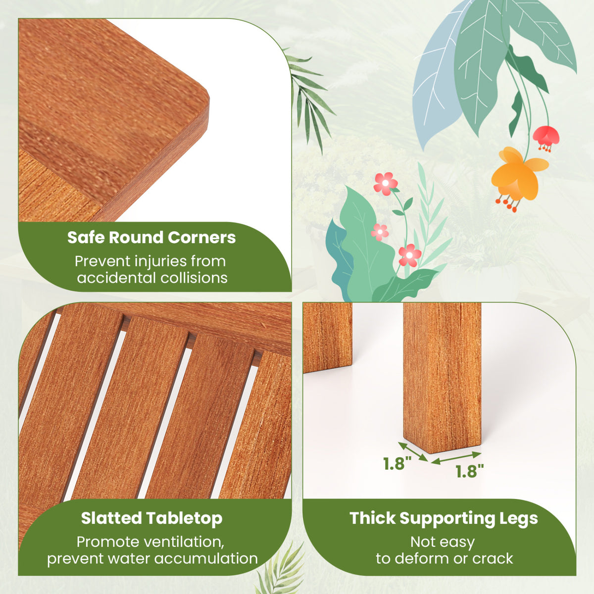 Close-ups show the stand's rounded tabletop corner, slatted surface, and supporting leg.