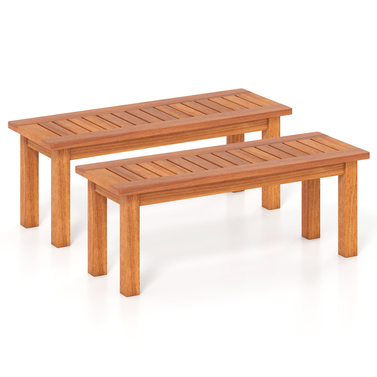 Two matching wooden plant stands shown empty, with slatted tops and straight legs.