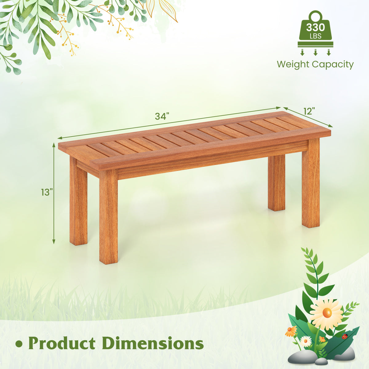 A wooden plant stand shown with measurement arrows and a weight-capacity graphic.