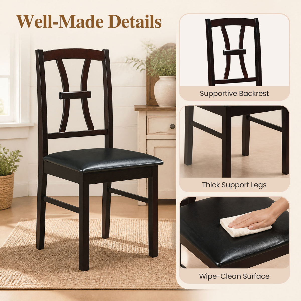Set of 4 Wooden Dining Chairs with Faux Leather Padded Seat for Kitchen