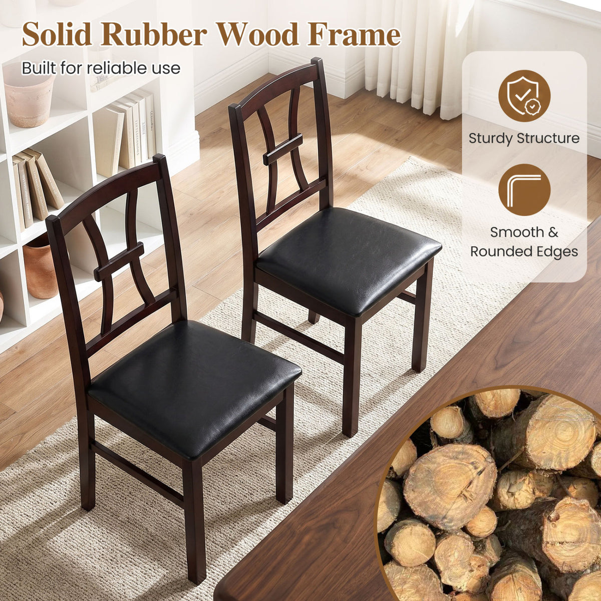 Set of 4 Wooden Dining Chairs with Faux Leather Padded Seat for Kitchen