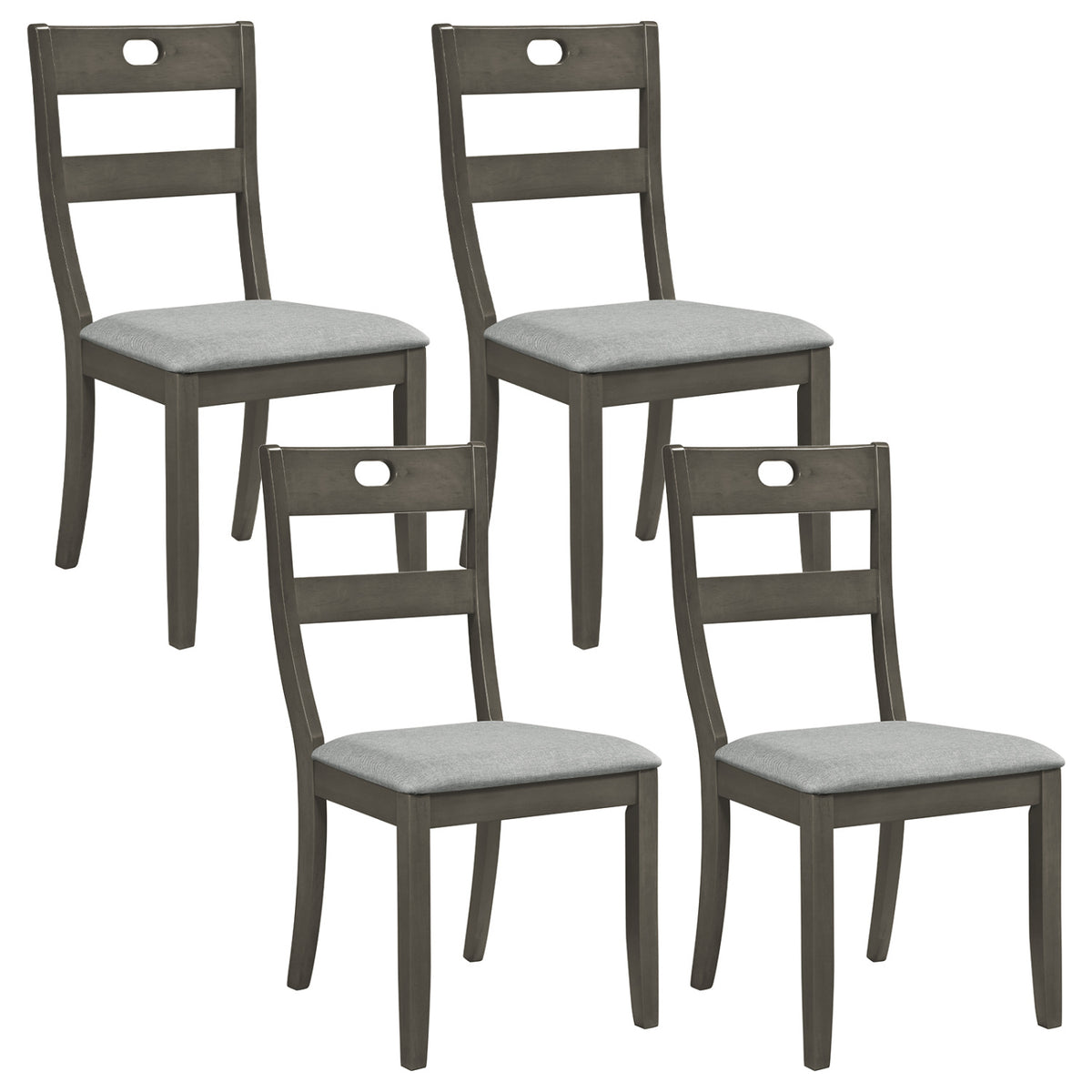 Four gray wooden dining chairs with upholstered seats shown against a plain white background.