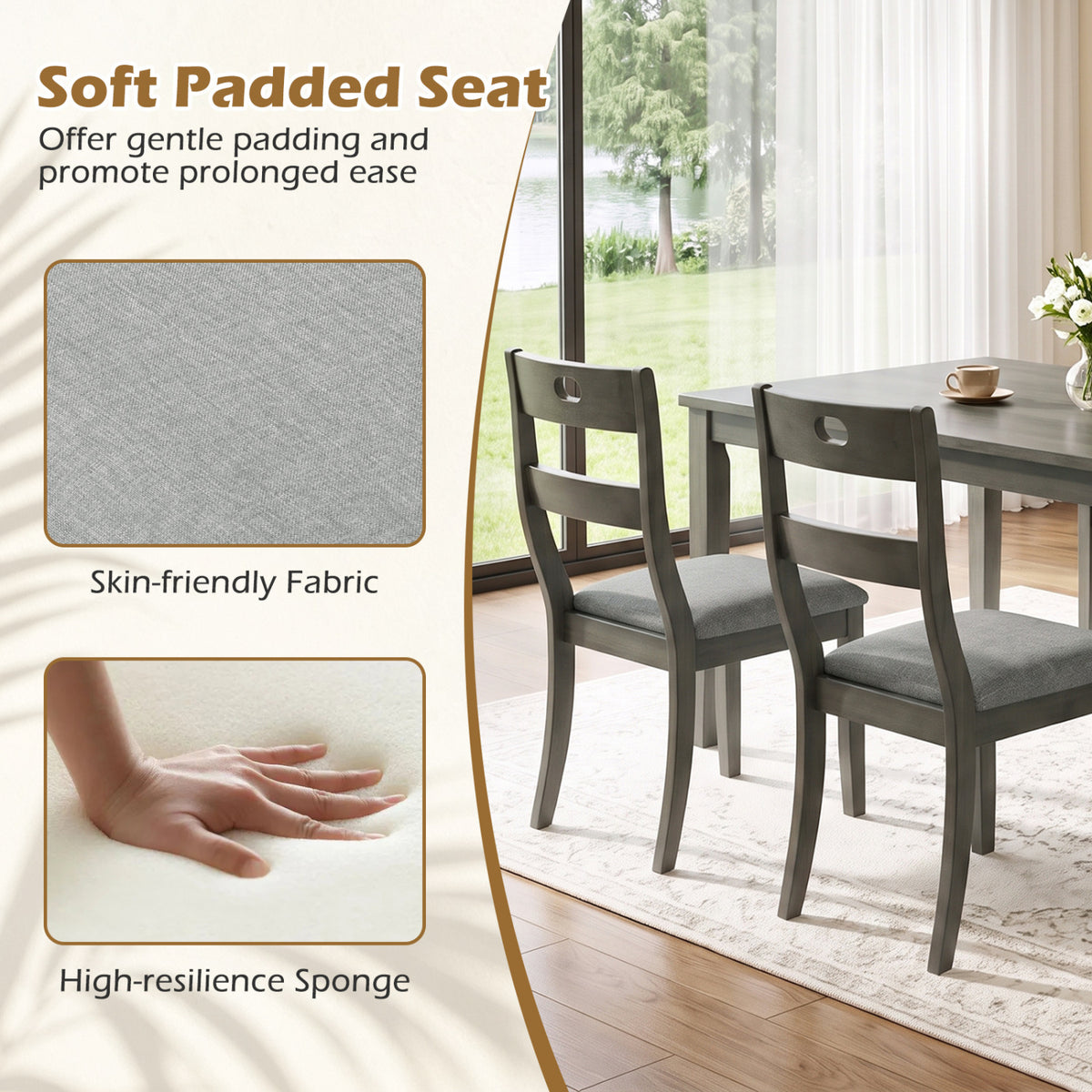 Two dark wooden chairs with gray seats beside a dining table, with fabric and padding close-ups.
