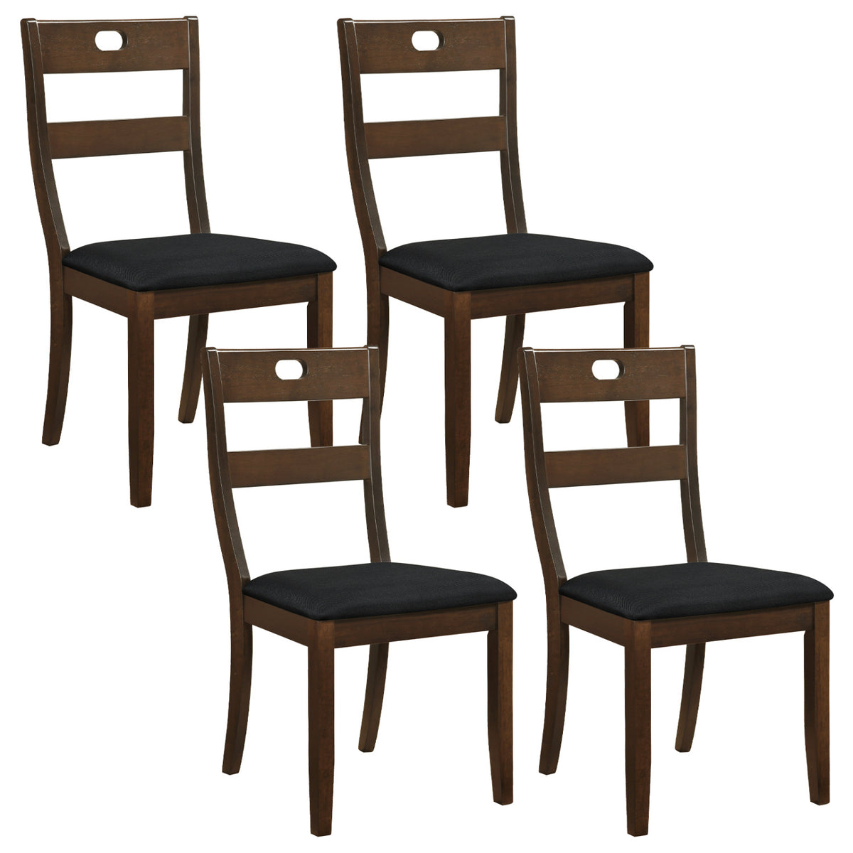 Set of four walnut-finish ladder-back chairs with dark upholstered seats