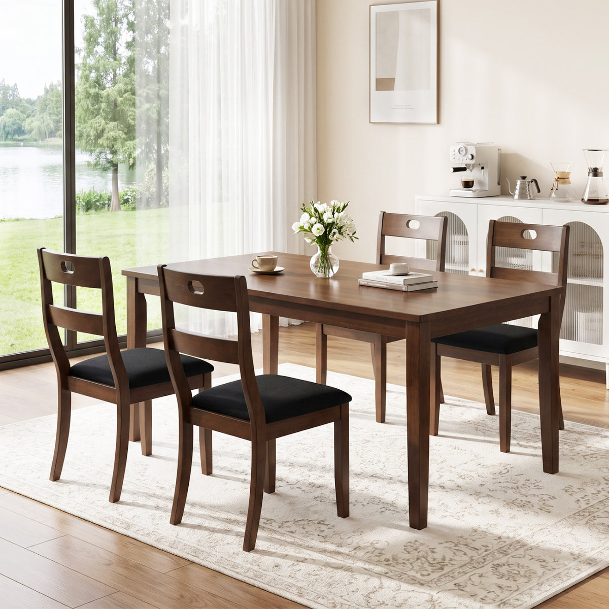 Walnut-finish ladder-back chairs with dark seats beside a rectangular dining table