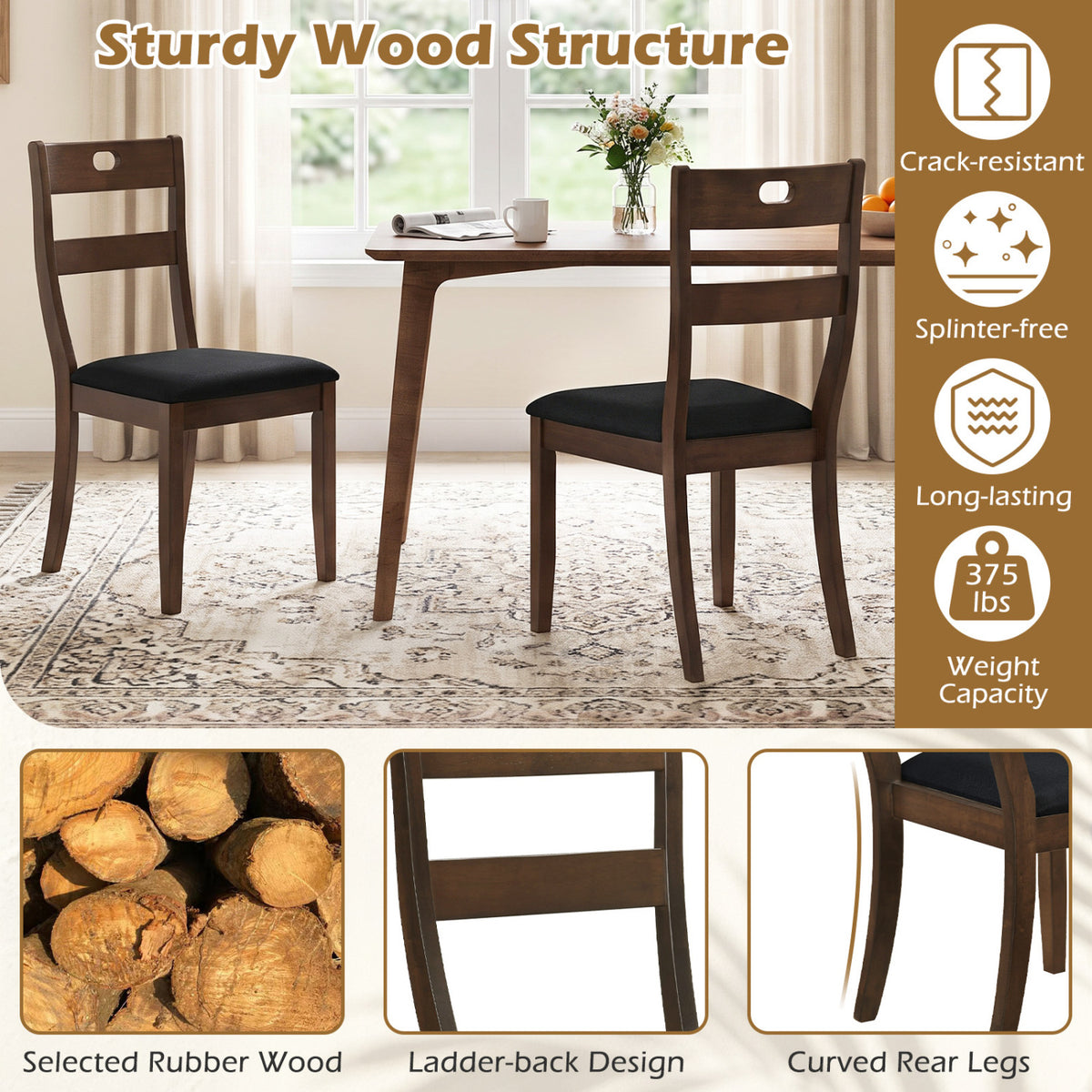 Walnut-finish chair in a dining room scene with wood frame detail panels