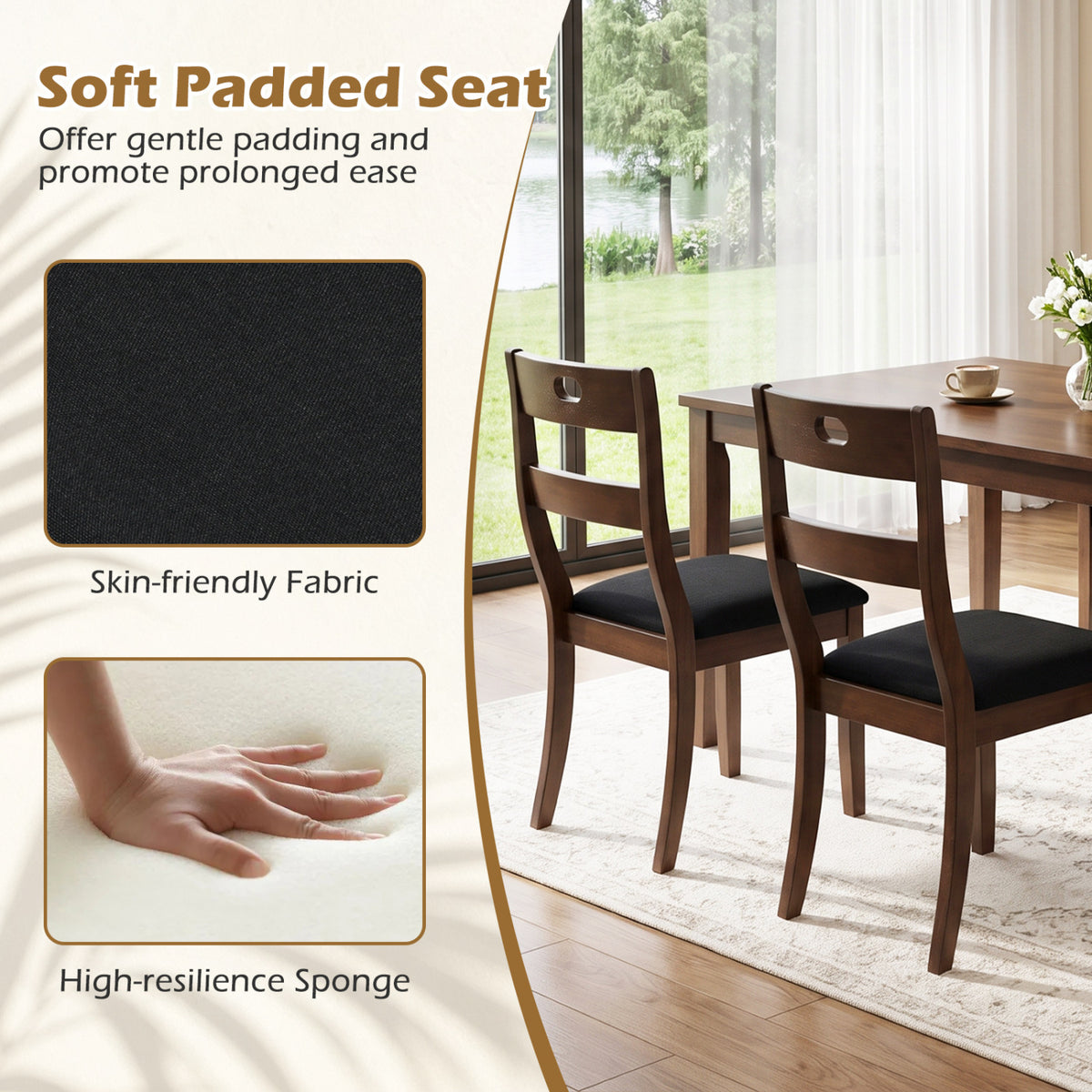 Brown wooden dining chairs with black seats beside a table, with inset fabric and hand-on-cushion images.