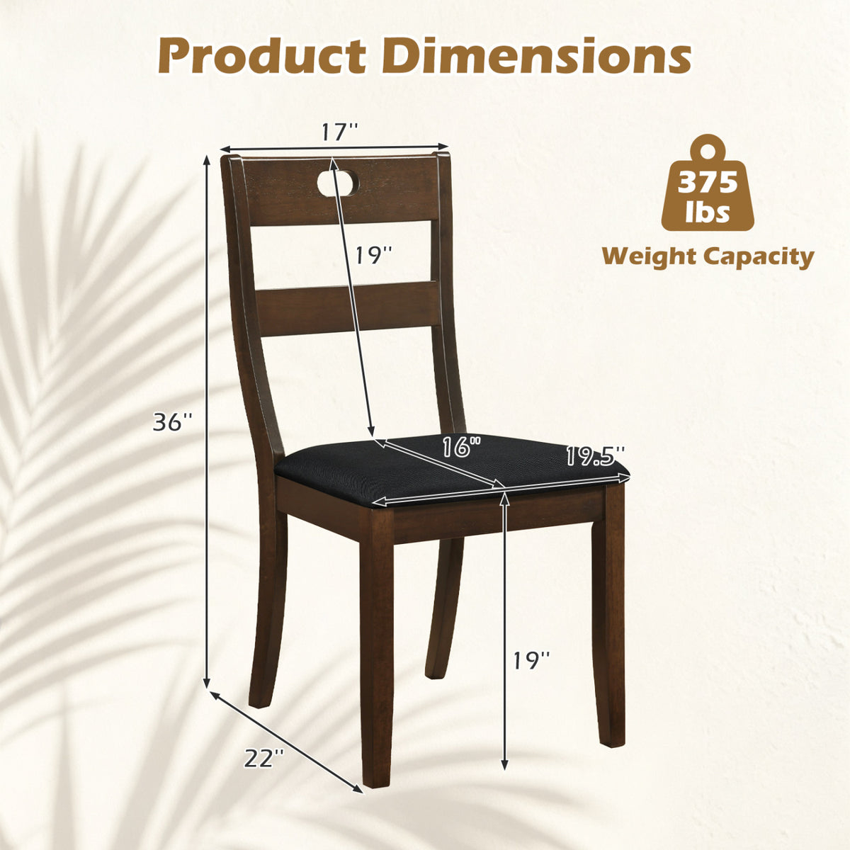 Walnut-finish dining chair shown with dimension labels and seat measurements