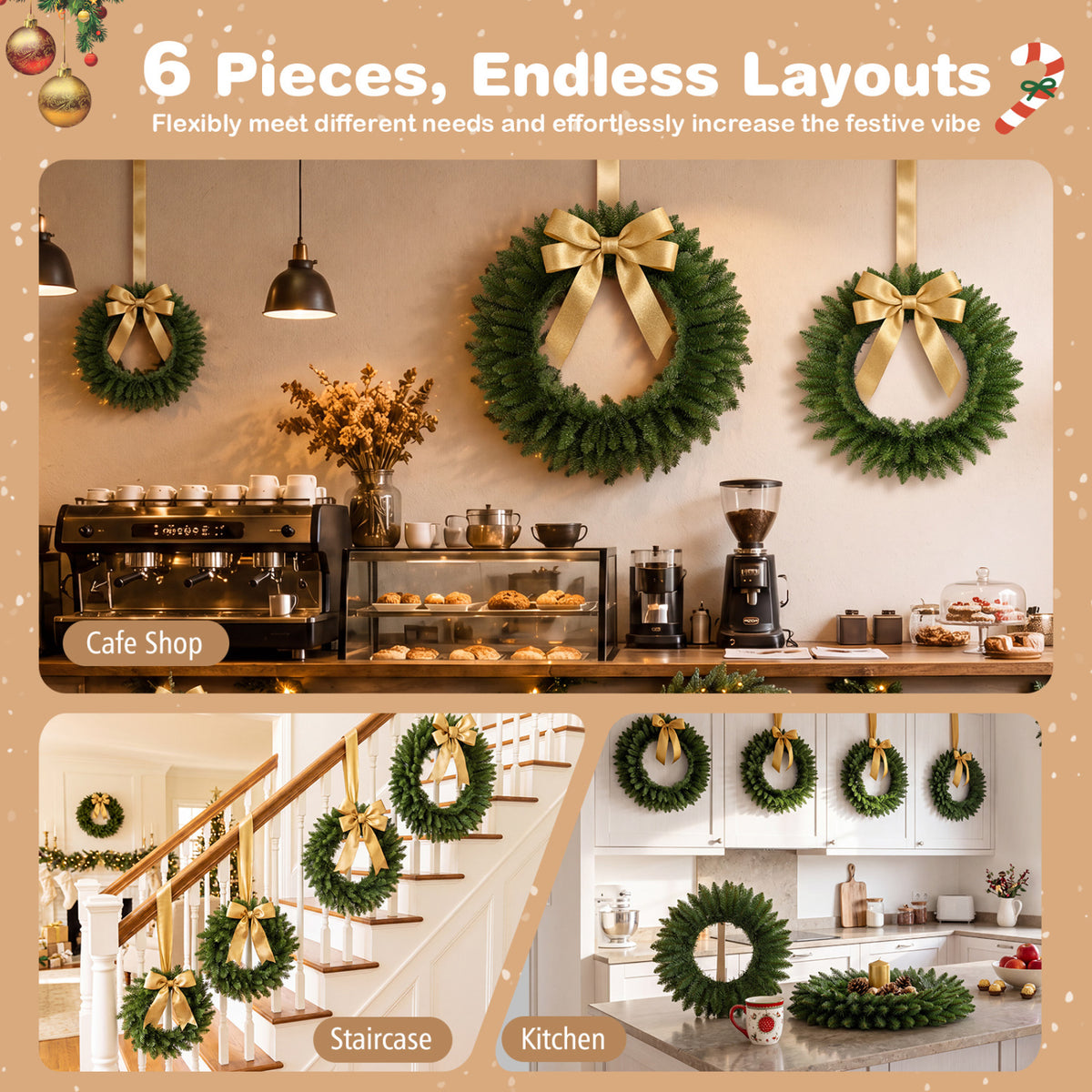 Set of 6 Artificial Christmas Wreaths with Full Branch Tips