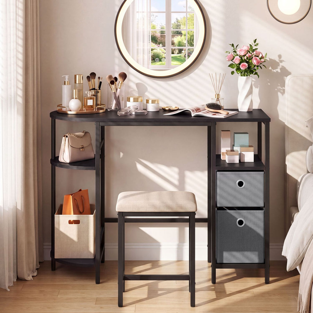 Black desk with side shelves and two fabric drawers, shown with a stool and vanity accessories.