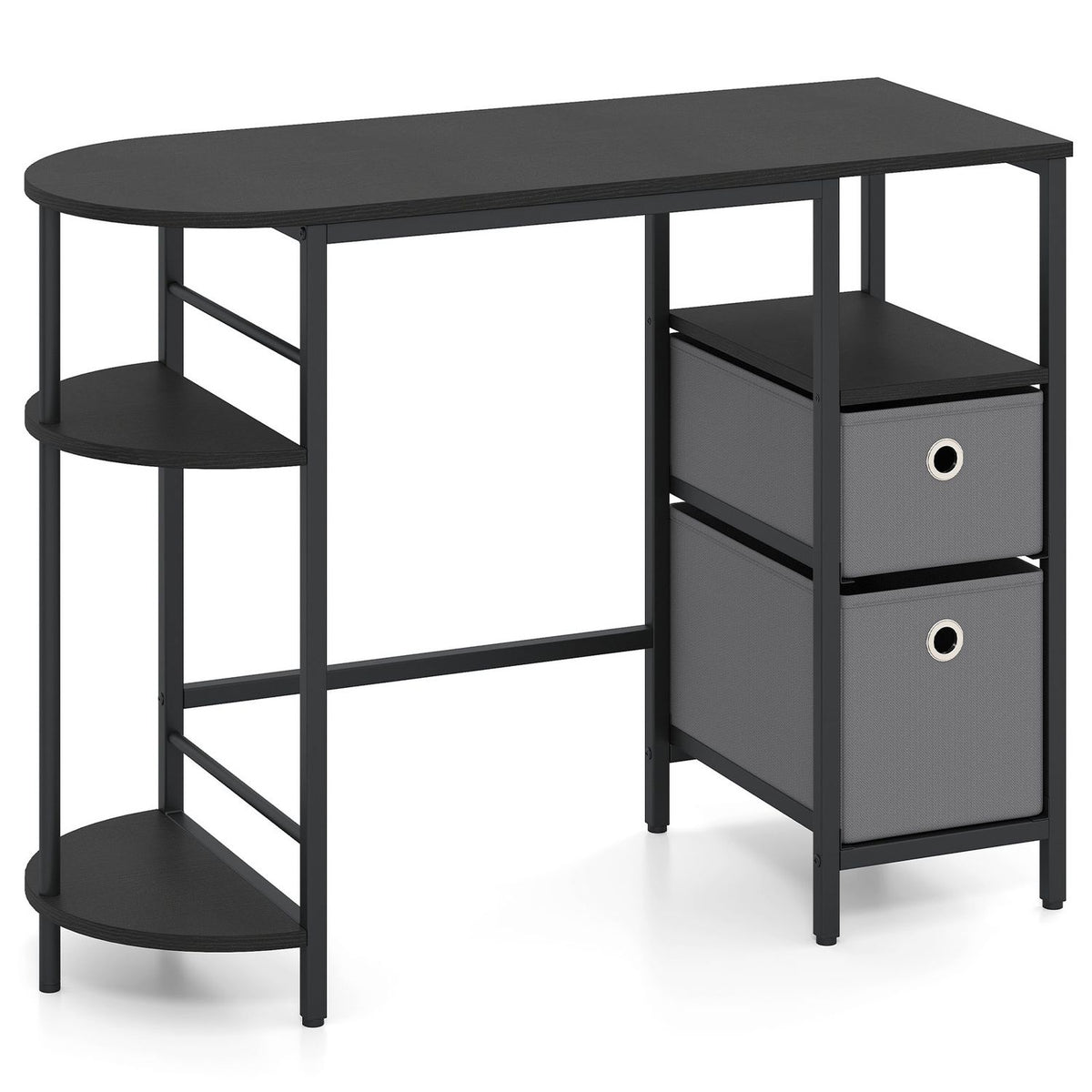 Black desk shown alone, with two rounded shelves on one side and two fabric drawers beneath a shelf on the other.