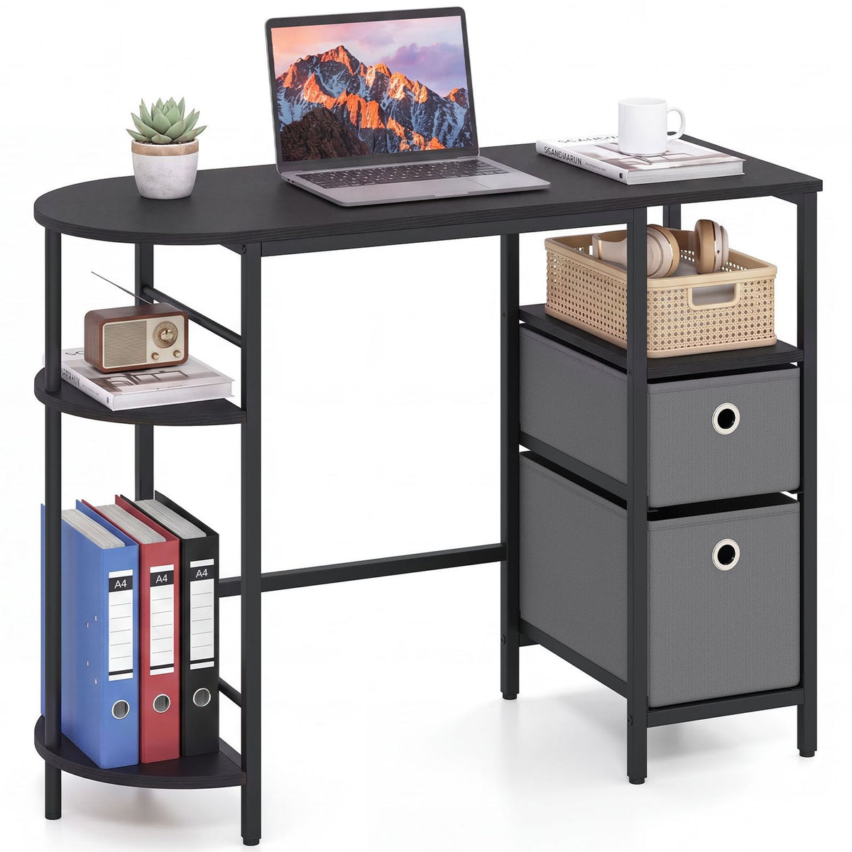 Black desk with side shelves and two fabric drawers, styled with a laptop, plant, books and storage basket.