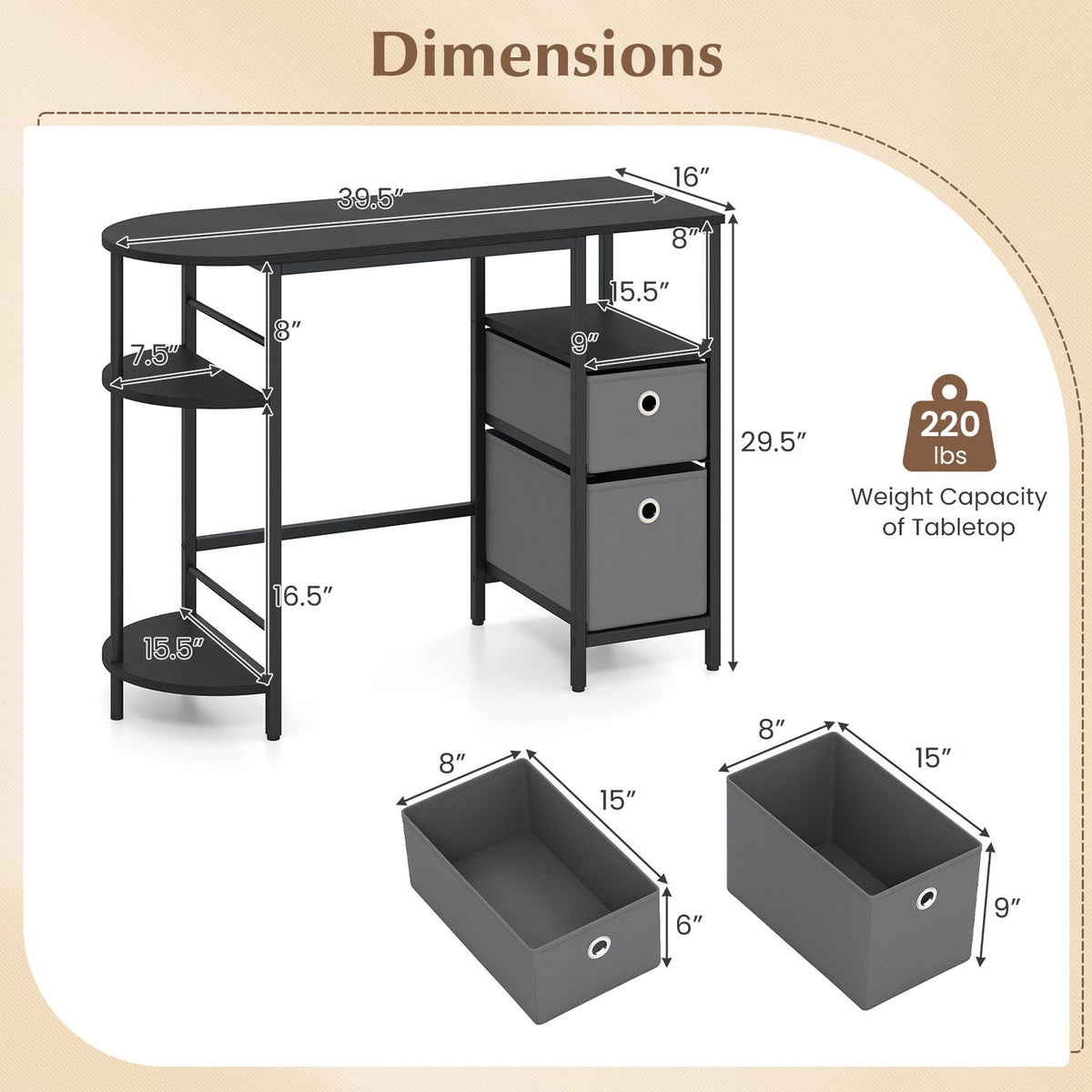 Diagram of a desk with a rounded side shelf, two drawers, and separate views of the fabric drawers.