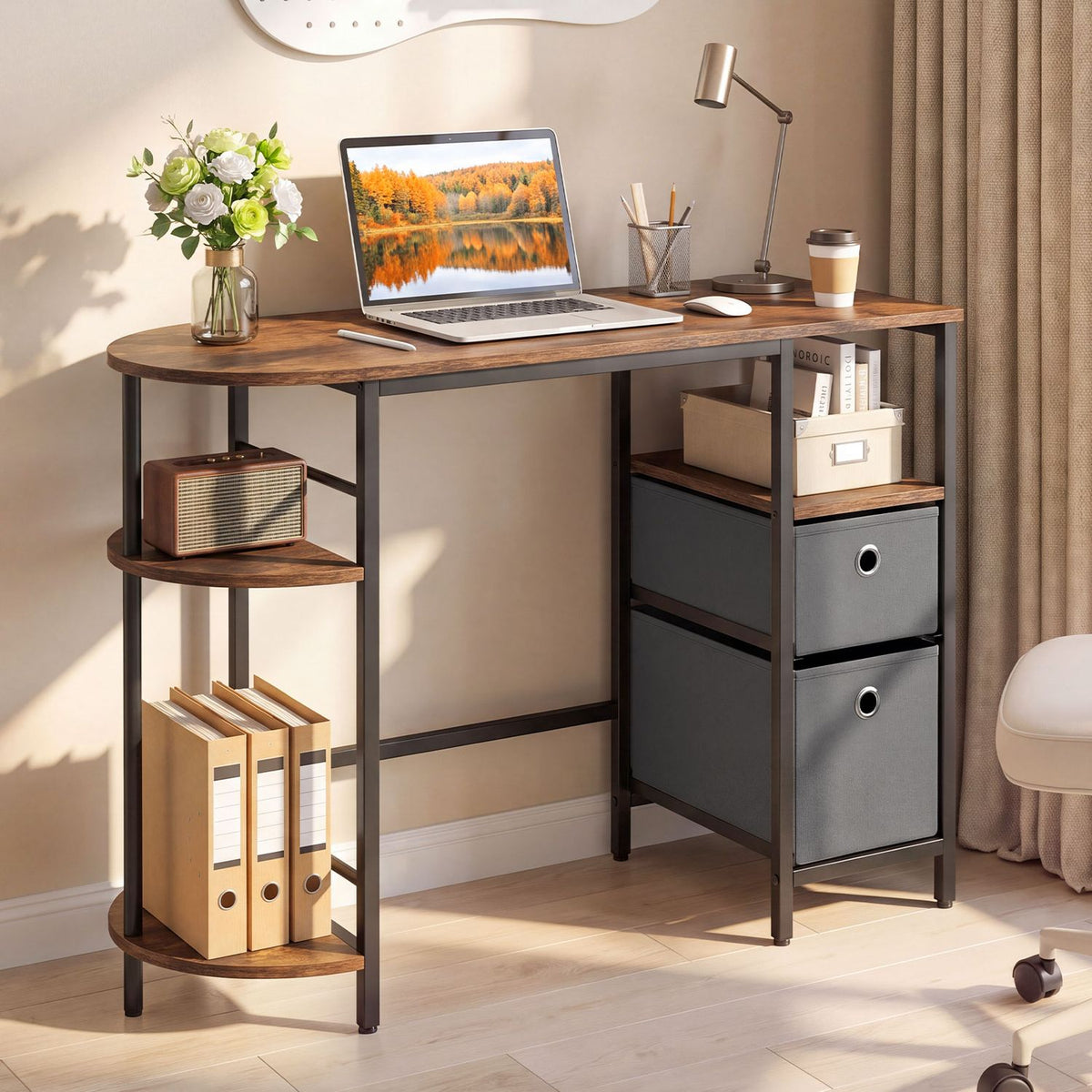 Rustic brown computer desk with rounded side shelves and two fabric drawers in a bright office