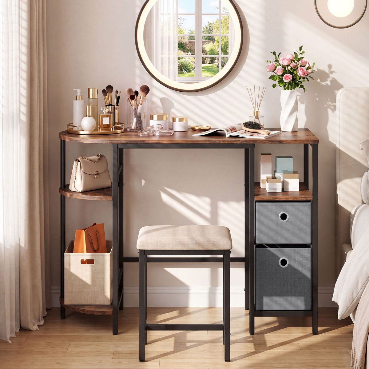 Rustic brown desk with side shelves and two drawers styled as a vanity by a round window