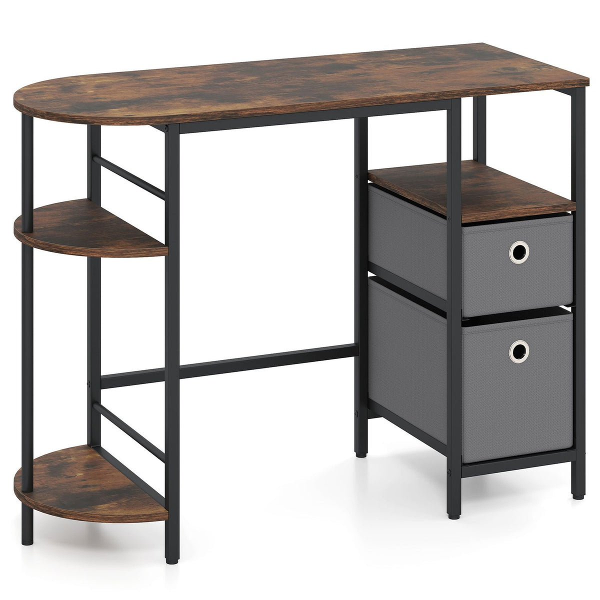 Computer desk with rustic brown top, black metal frame, side shelves and two drawers