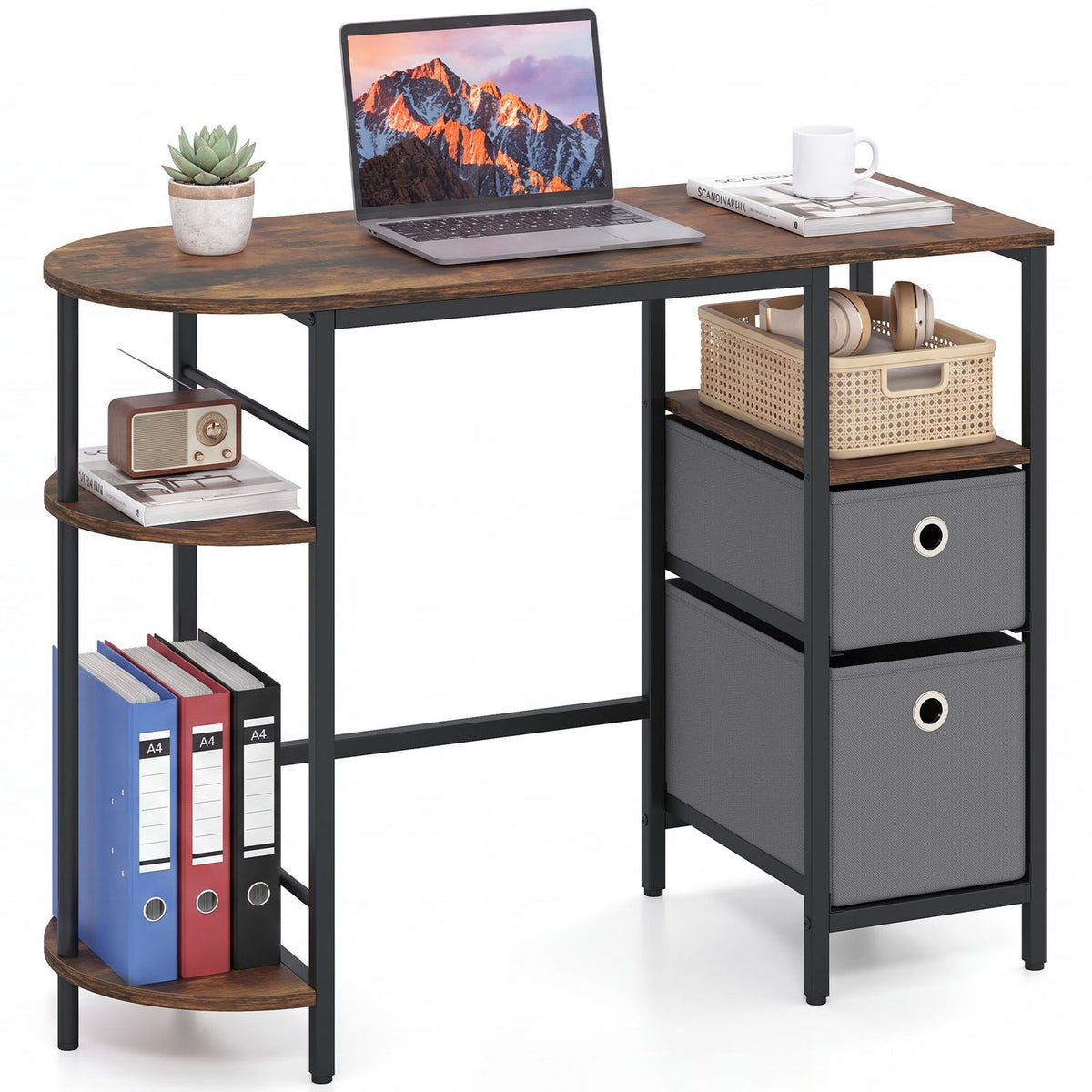 Rustic brown computer desk with side shelves and two drawers holding office supplies
