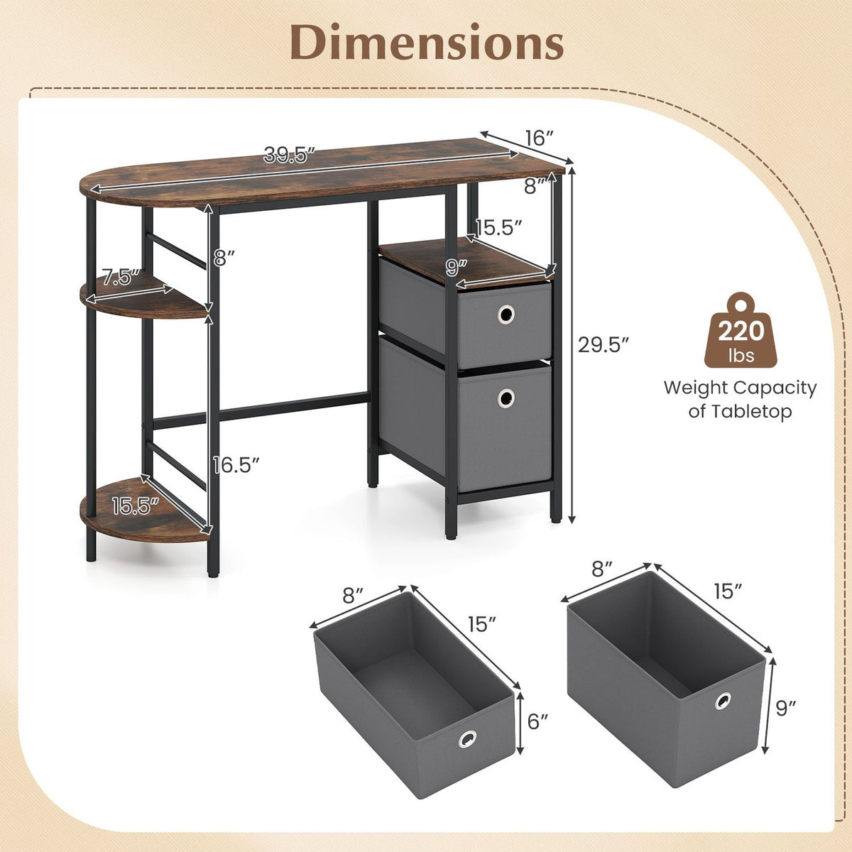 Computer desk dimension diagram showing the tabletop, shelves and two drawer sizes