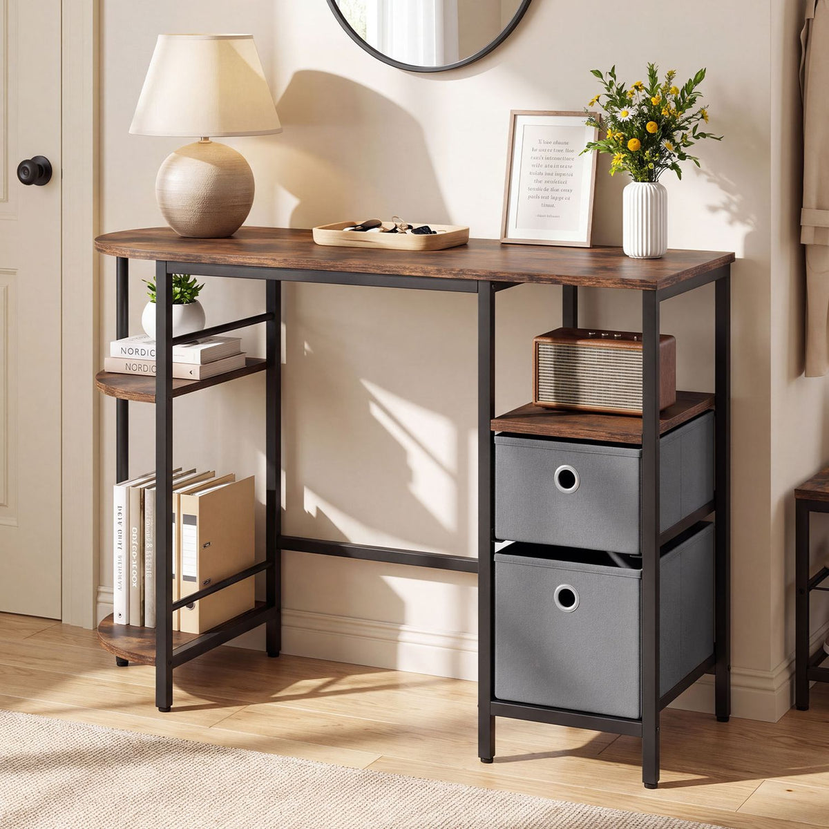 Rustic brown desk with two side storage sections and drawers styled against a light wall