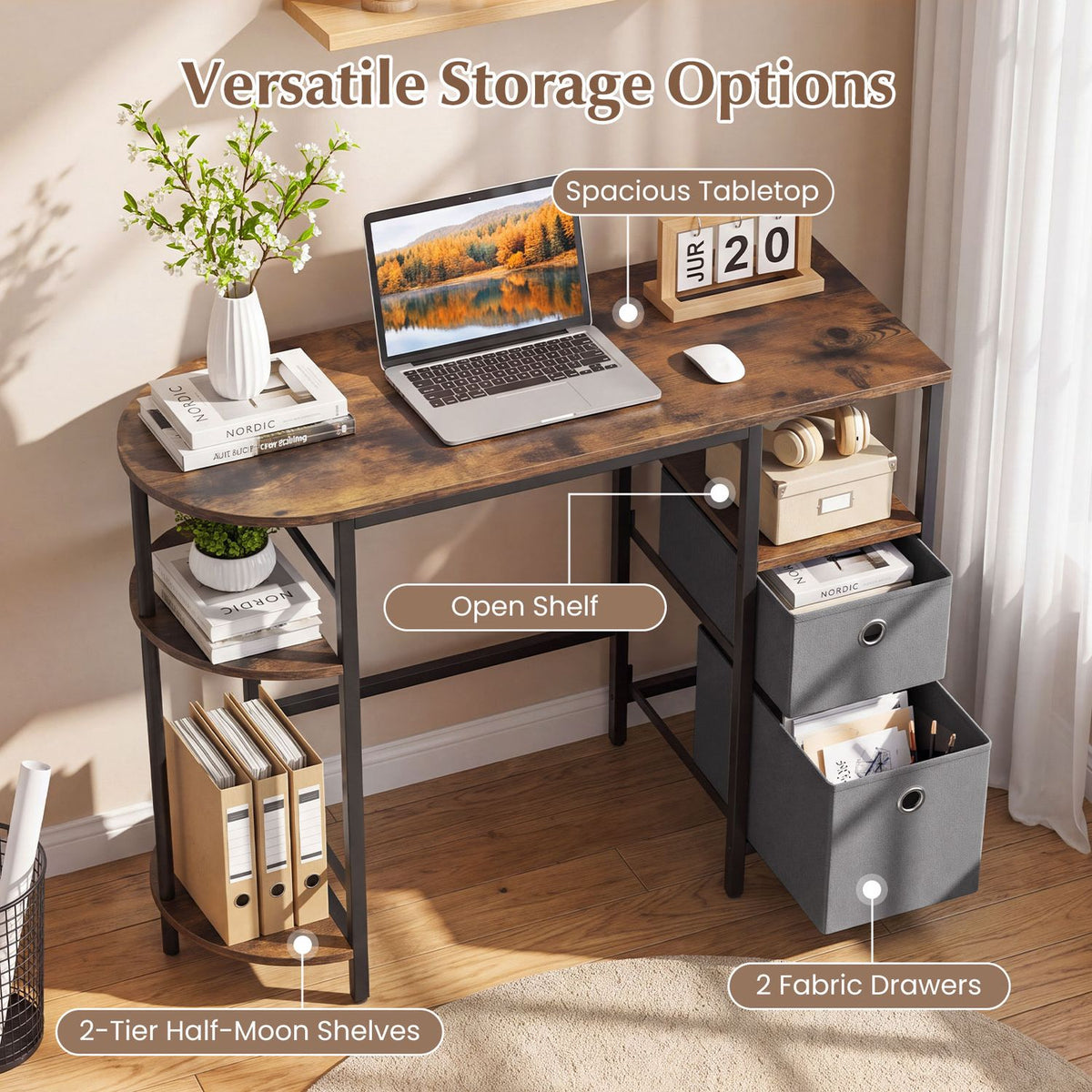 Angled view of the desk with a laptop, curved shelves, open storage, and gray fabric drawers.