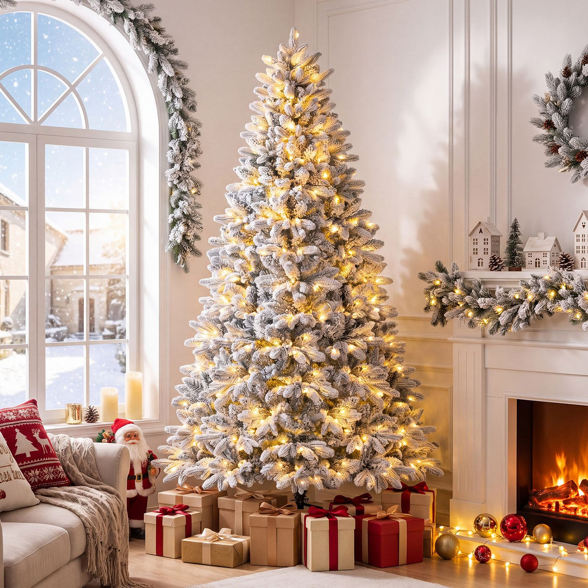 Snow-flocked tree with warm white lights beside a fireplace