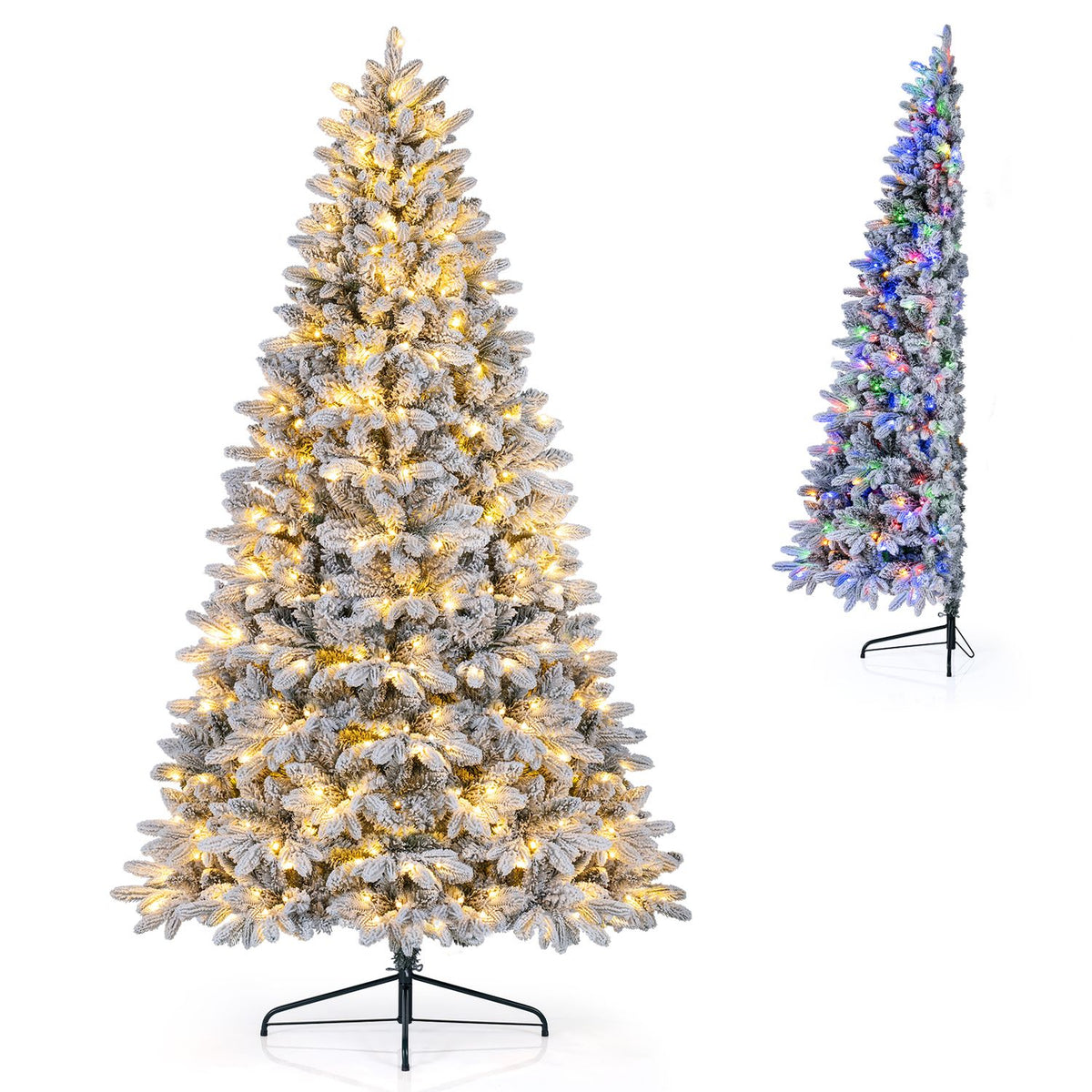 Two snow-flocked LED trees shown on a white background