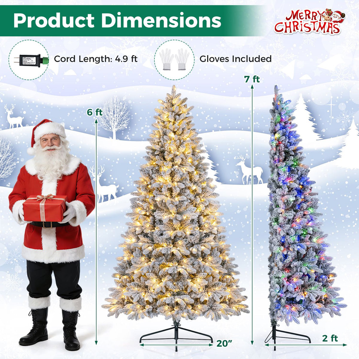 Snow-flocked tree size graphic showing warm white and multicolor lights