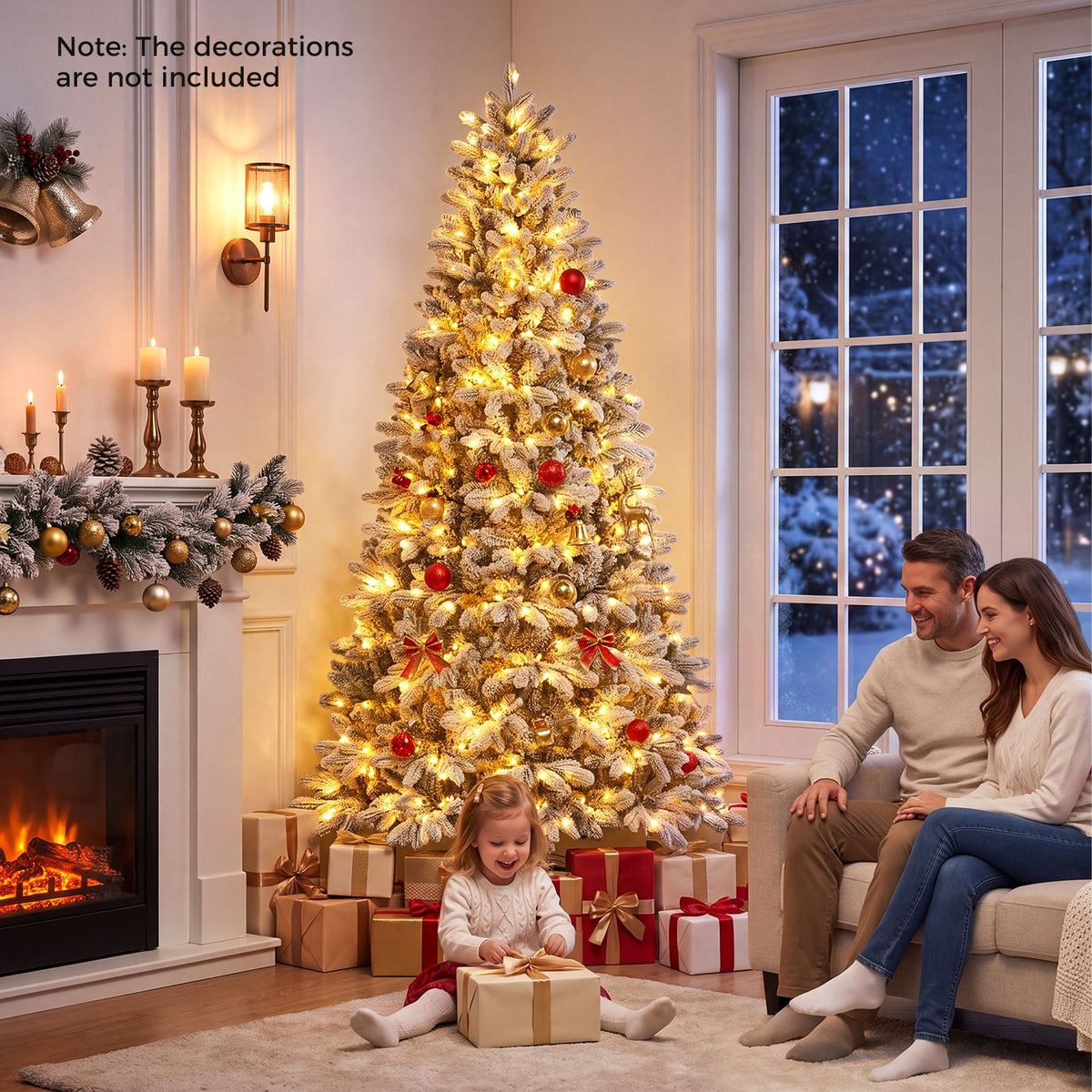 Warm-lit snow-flocked tree in a living room with a family