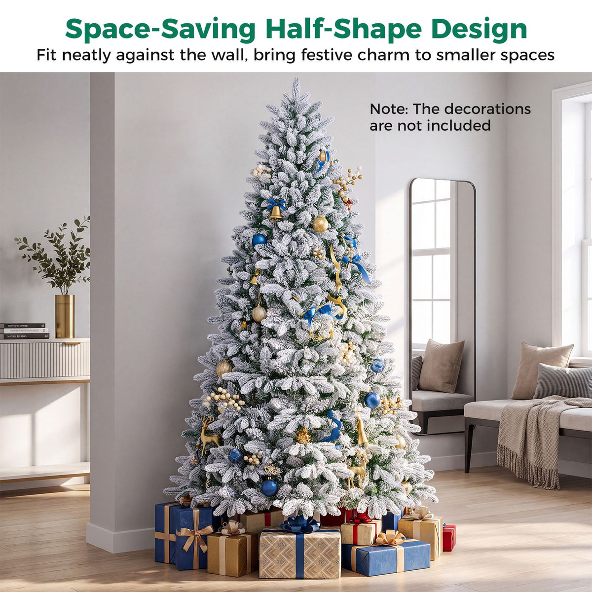A decorated snow-flocked tree stands against a living room wall, with wrapped gifts around its base.