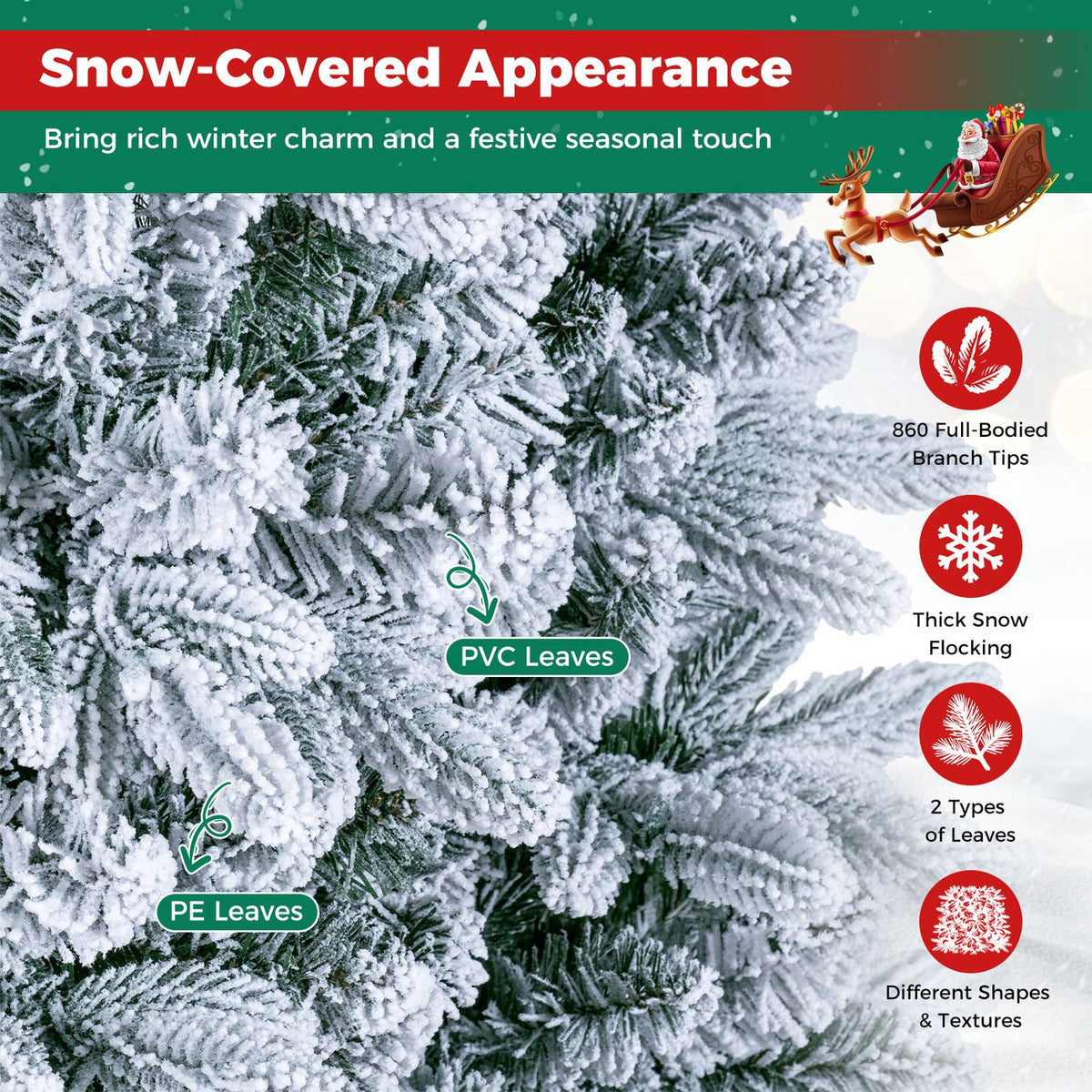 Close view of snow-covered tree branches with green callouts pointing to different foliage textures.