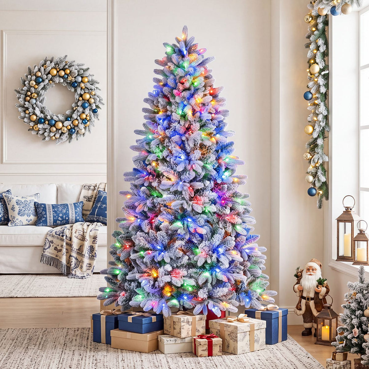 Snow-flocked half tree glowing with multicolored lights in a festive living room.