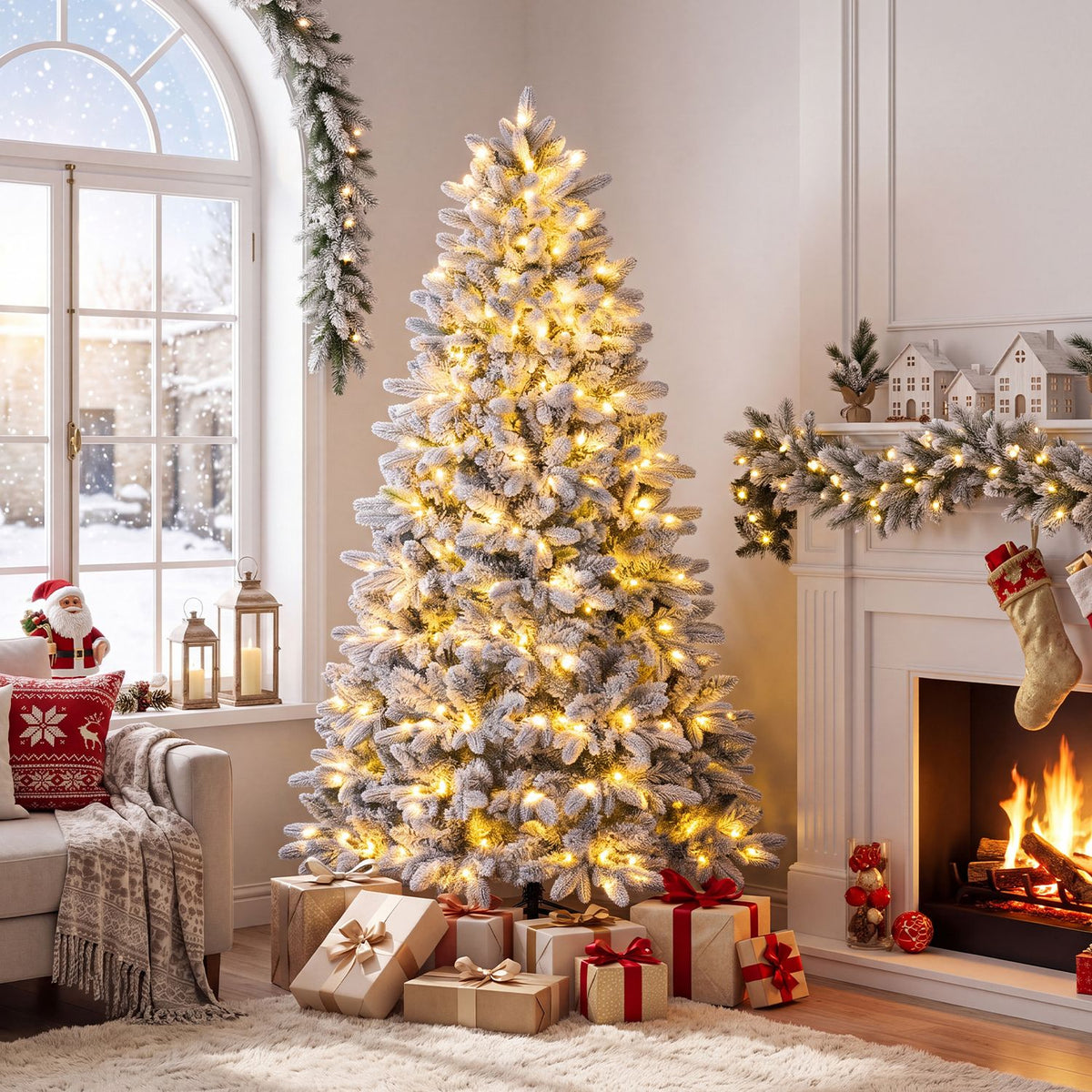 Snow-flocked half tree lit with warm white lights beside a decorated fireplace.