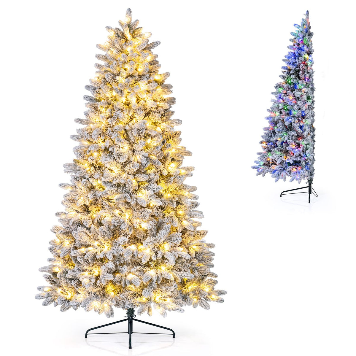 Two snow-flocked half trees shown with warm white and multicolored lights against white.