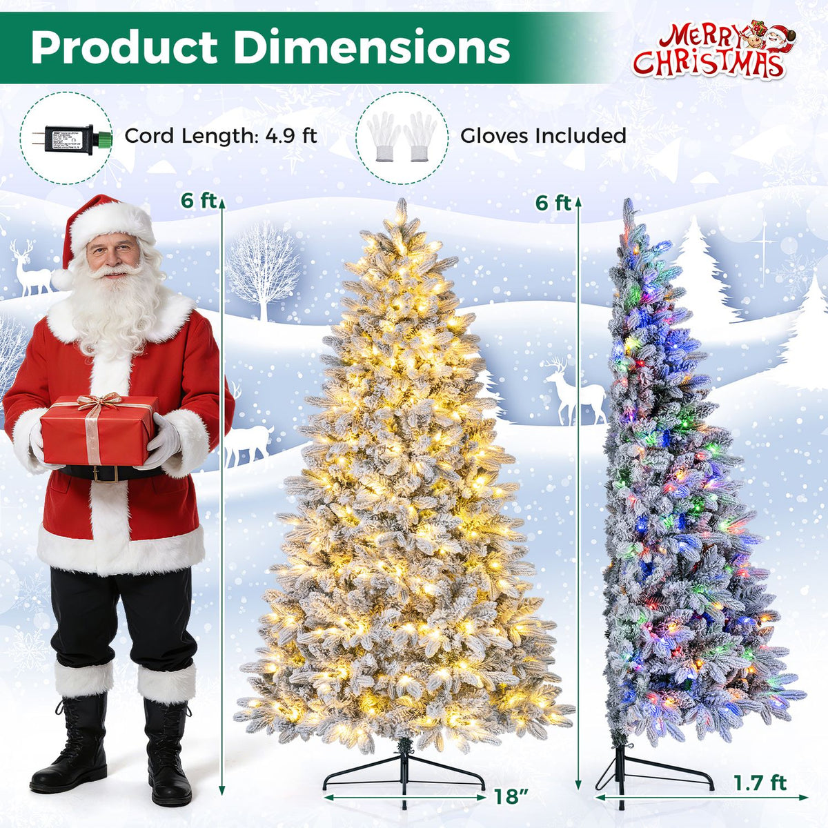 Snow-flocked half tree shown with warm white lights and multicolor lights beside a height comparison.