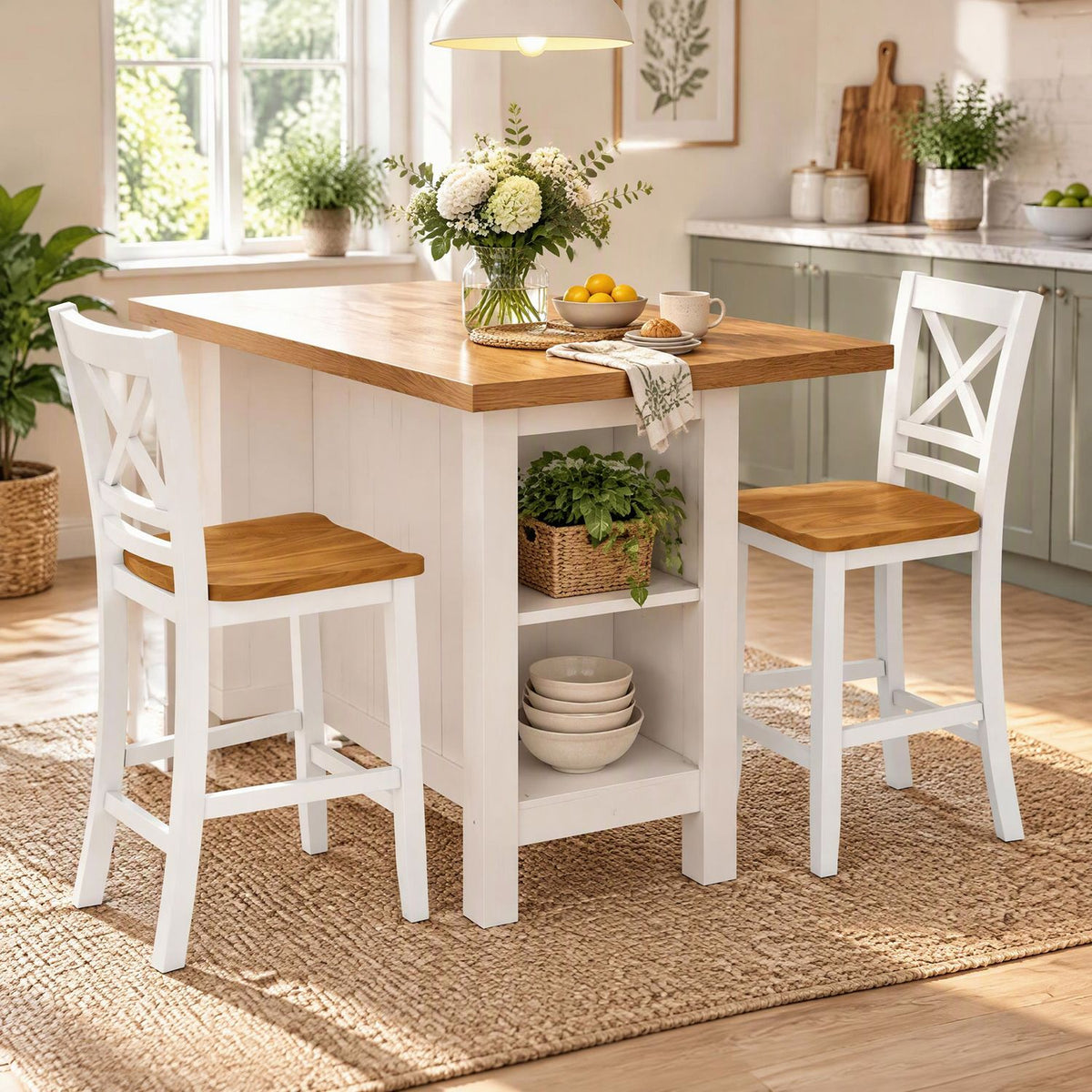 Two white cross-back stools with brown seats flank a kitchen island with open shelves.
