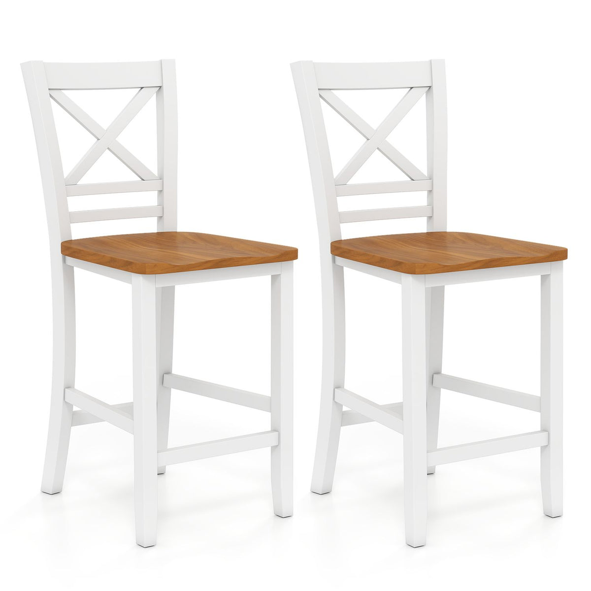 Two white cross-back stools with brown seats shown against a plain white background.